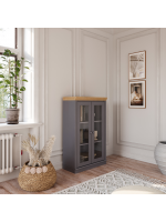 Estante de madeira com 1,19 m na cor cinza e cera natural com duas portas de vidro / Coleção biblioteca